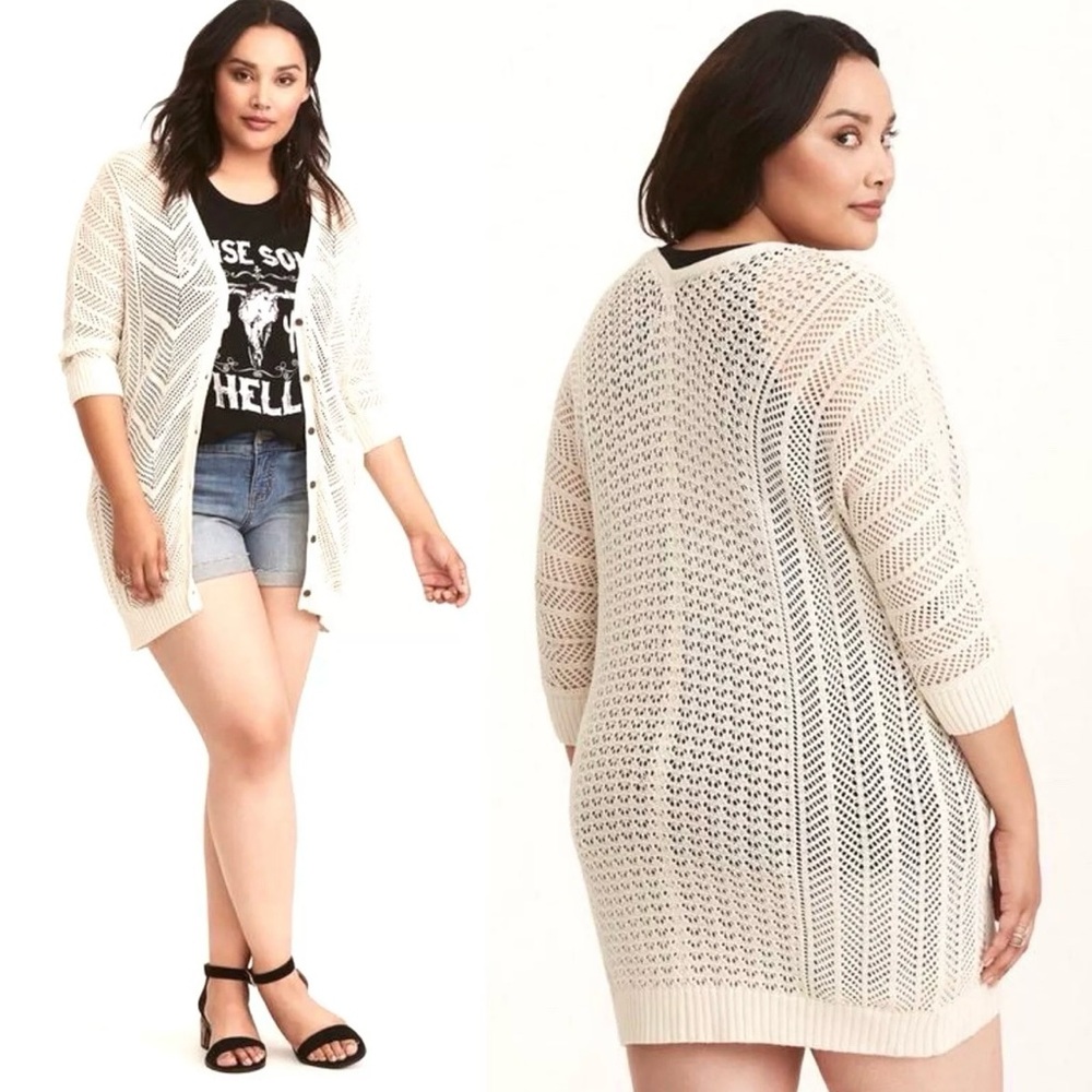 Torrid Pointelle Boyfriend Cardigan Sweater Plus 4X Ivory White Open Knit Cotton